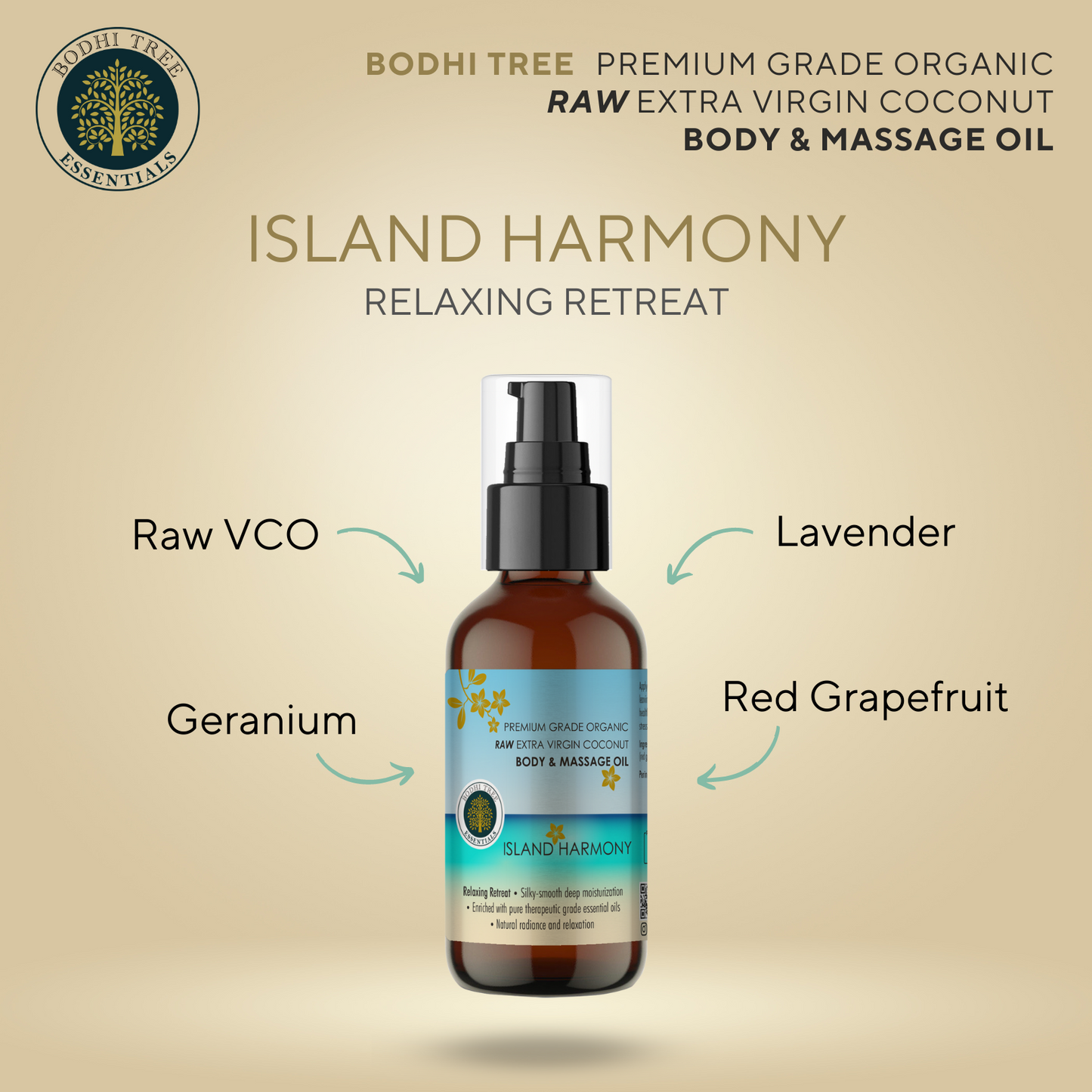 Bodhi Tree Premium Grade Organic Raw Extra Virgin Coconut Body & Massage Oil - Island Harmony 120 ml