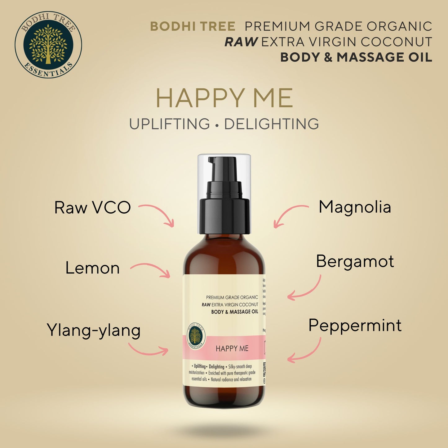 Bodhi Tree Premium Grade Organic Raw Extra Virgin Coconut Body & Massage Oil - Happy Me 120 ml