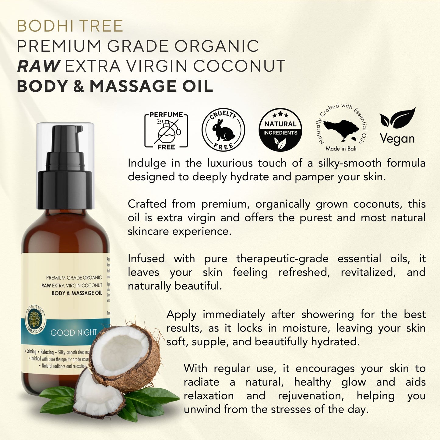 Bodhi Tree Premium Grade Organic Raw Extra Virgin Coconut Body & Massage Oil - Good Karma 120 ml