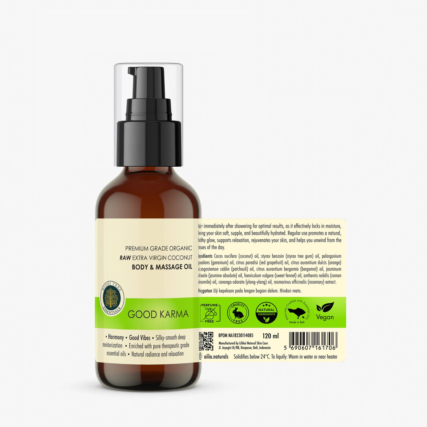 Bodhi Tree Premium Grade Organic Raw Extra Virgin Coconut Body & Massage Oil - Good Karma 120 ml