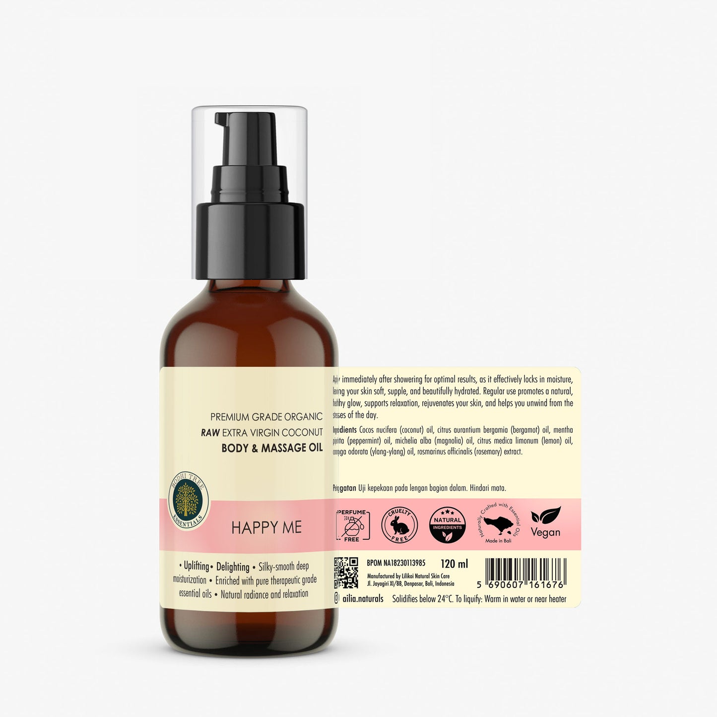 Bodhi Tree Premium Grade Organic Raw Extra Virgin Coconut Body & Massage Oil - Happy Me 120 ml