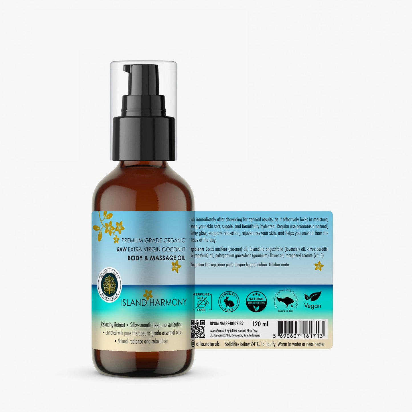 Bodhi Tree Premium Grade Organic Raw Extra Virgin Coconut Body & Massage Oil - Island Harmony 120 ml