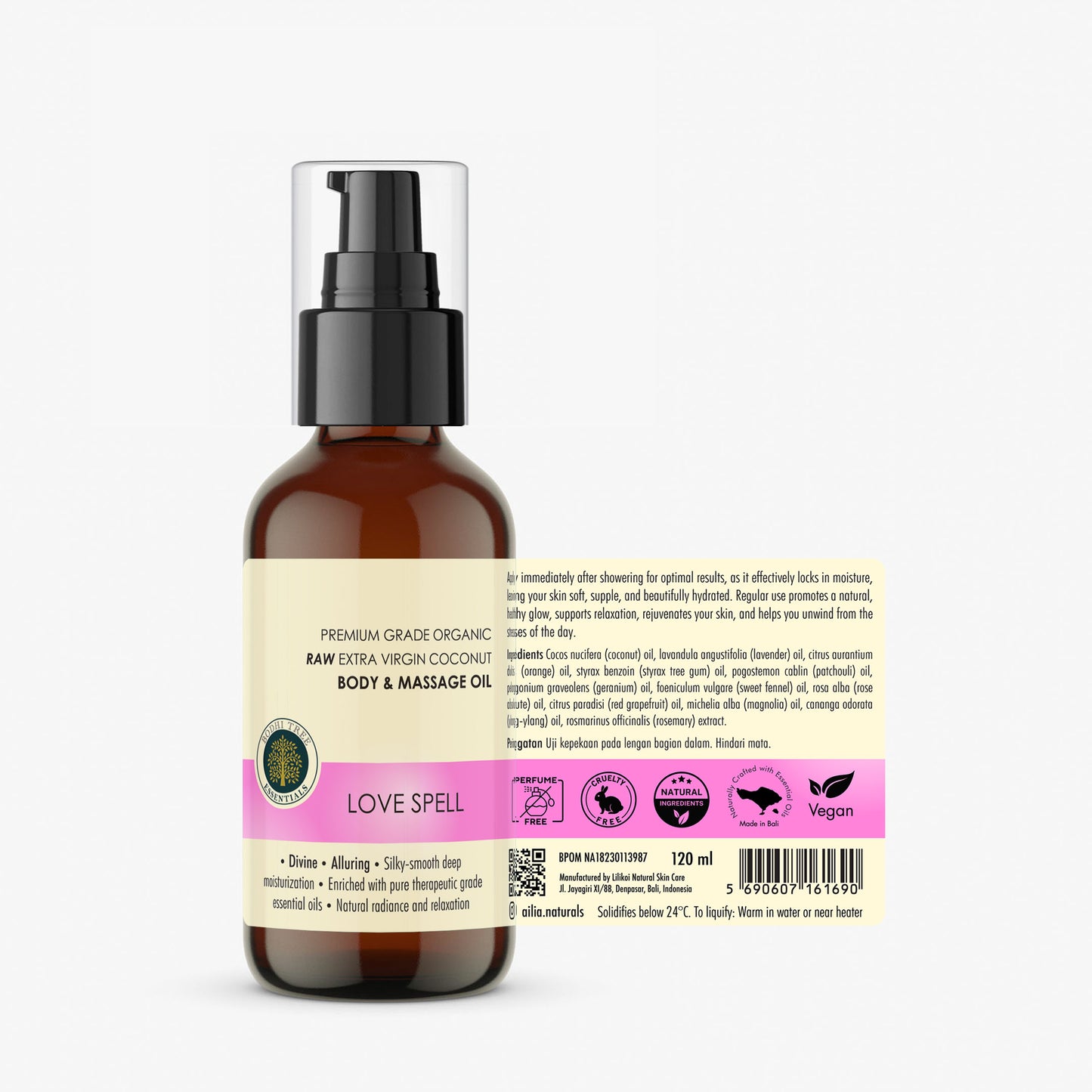 Bodhi Tree Premium Grade Organic Raw Extra Virgin Coconut Body & Massage Oil - Love Spell 120 ml